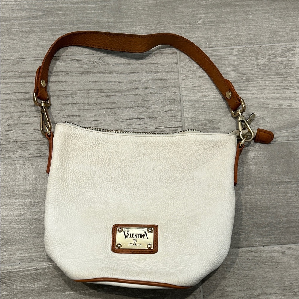 Valentina White Leather Shoulder Bag with Tan Trim